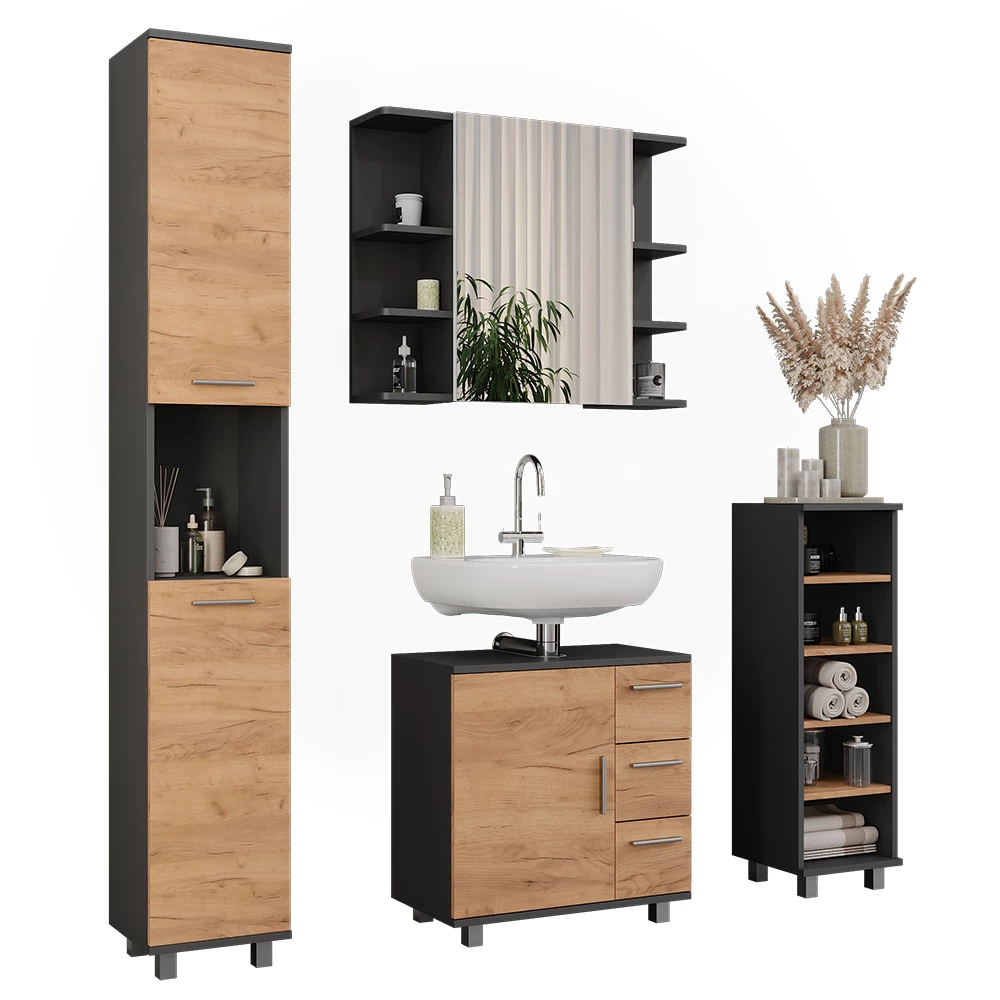 Vicco Set di mobili da bagno Antracite/quercia dorata 4 parti, Ilias