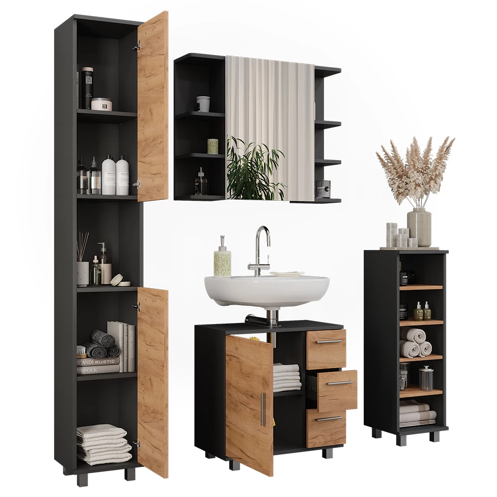Vicco Set di mobili da bagno Antracite/quercia dorata 4 parti, Ilias