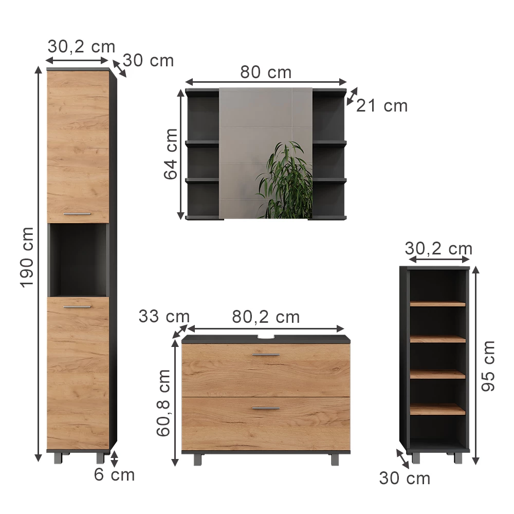 Vicco Set di mobili da bagno Quercia dorata/antracite 4 parti, Ilias