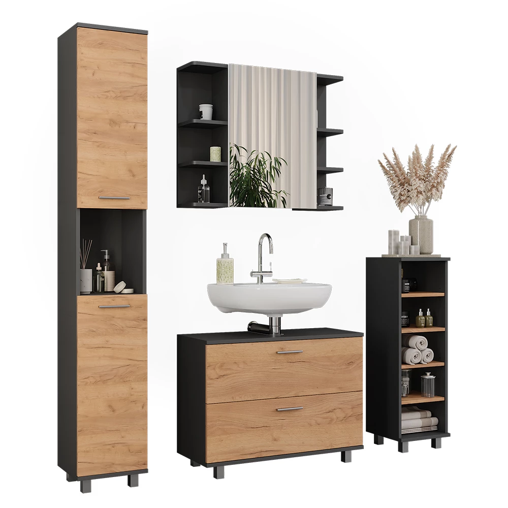 Vicco Set di mobili da bagno Quercia dorata/antracite 4 parti, Ilias