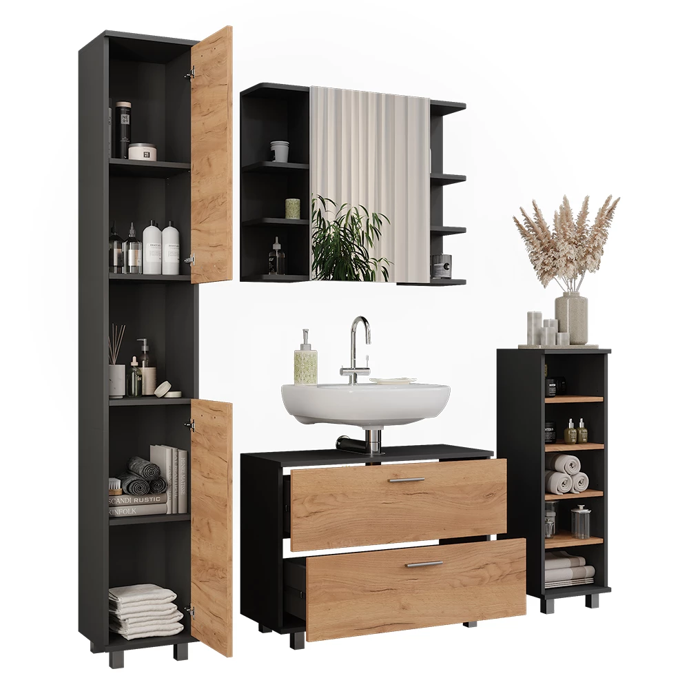 Vicco Set di mobili da bagno Quercia dorata/antracite 4 parti, Ilias