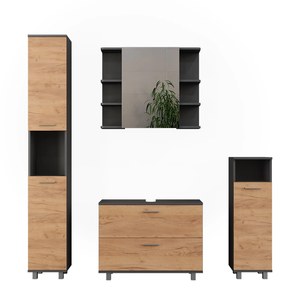 Vicco Badmöbel-Set Goldkraft Eiche/Anthrazit 4 Teile, Ilias