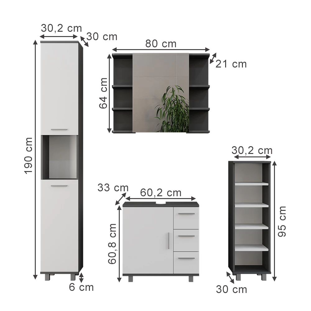 Vicco Badkamermeubelset Antraciet/wit 4 delen, Ilias