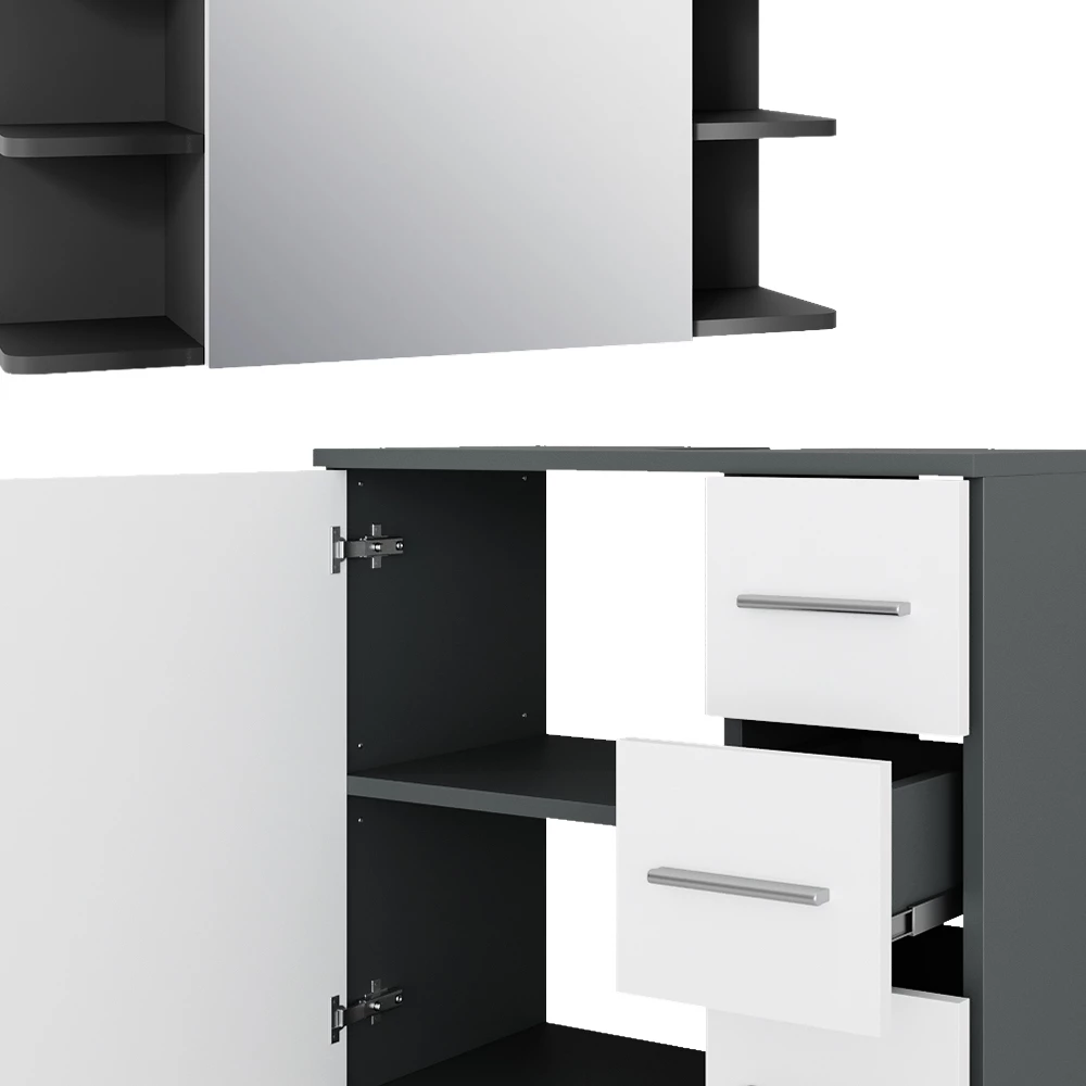 Nahaufnahme von Badmöbel-Set in Anthrazit/Weiß, zeigt Design- und Oberflächendetails