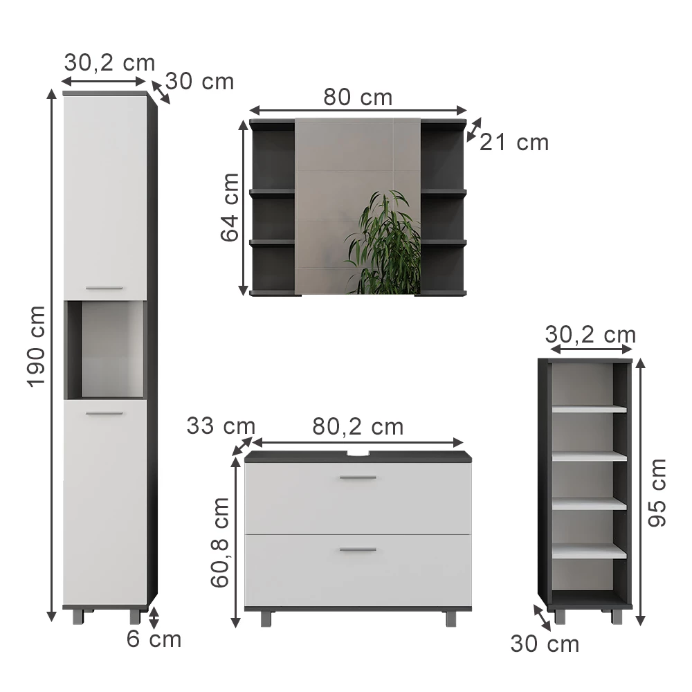 Vicco Badmöbel-Set Anthrazit/Weiß 4 Teile, Ilias