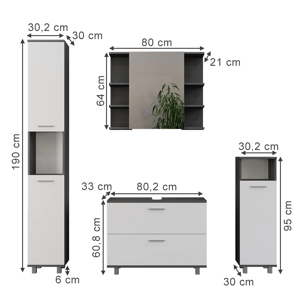 Vicco Badkamermeubelset Antraciet/wit 4 delen, Ilias