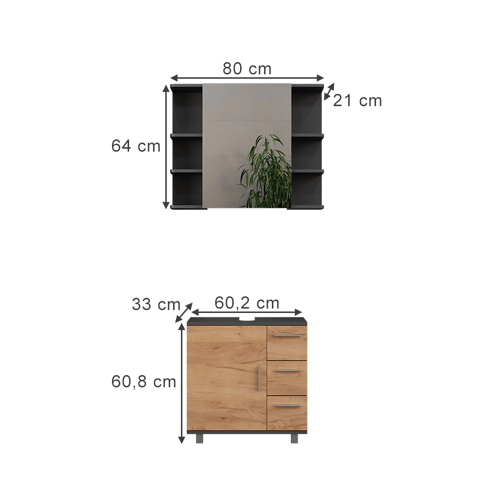 Vicco Badmöbel-Set Anthrazit/Goldkraft Eiche 2 Teile, Ilias