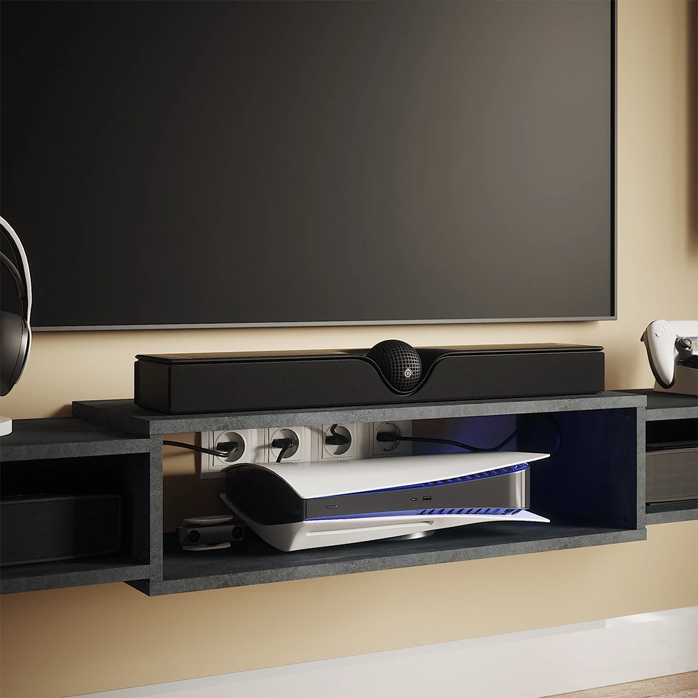 Nahaufnahme von TV-Schrank in Schwarz Beton, zeigt Textur/Details