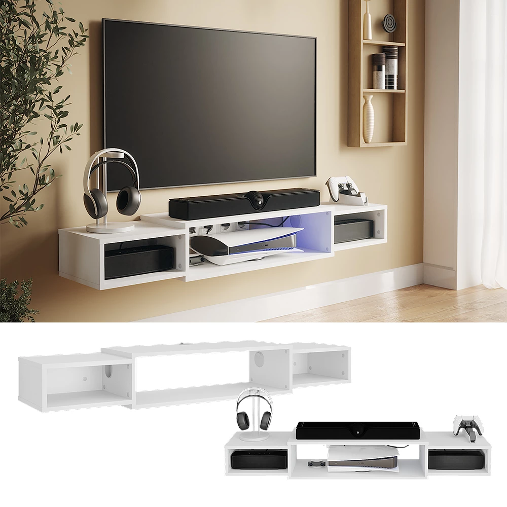 Vicco Mueble bajo para TV Blanco 139.7 x 20.3 cm con estantes abiertos, Nordic