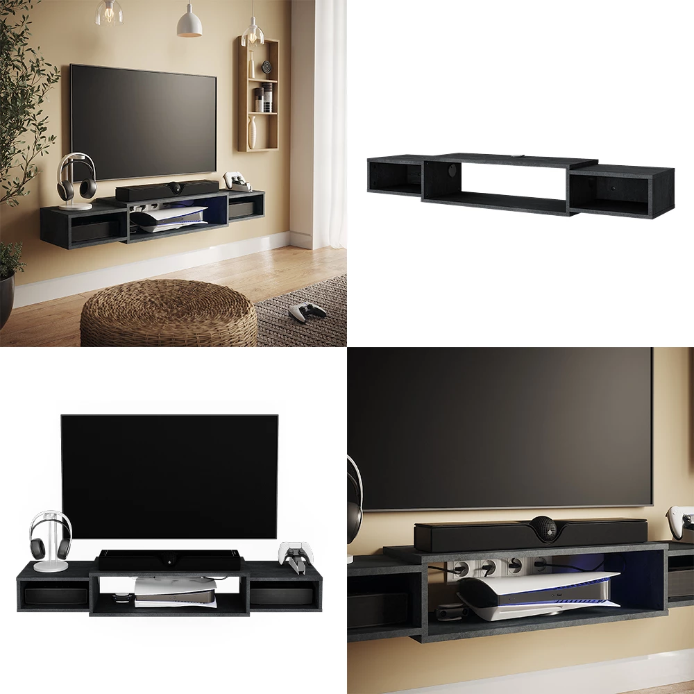 TV-Schrank Nordic Schwarz Beton 139.7 x 20.3 cm mit offenen Regalen livinity®