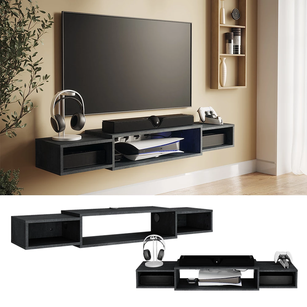 Vicco Mueble bajo para TV Hormigón negro 139.7 x 20.3 cm con estantes abiertos, Nordic