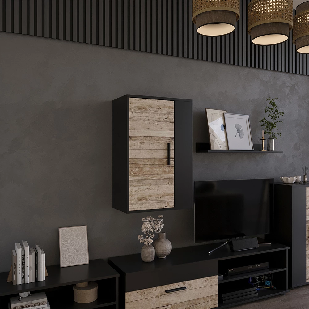 Hängeschrank in Schwarz/Sandeiche auf weißem Hintergrund