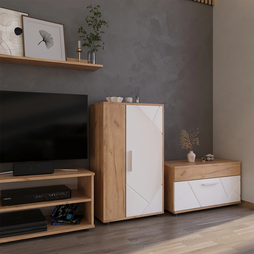 Kommode in Goldkraft Eiche/Weiß auf weißem Hintergrund