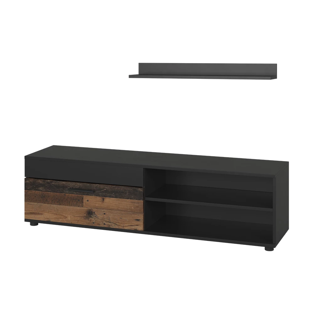 Vicco Lowboard & Regal Schwarz/Oldstyle mit 1 Klappe, Berno