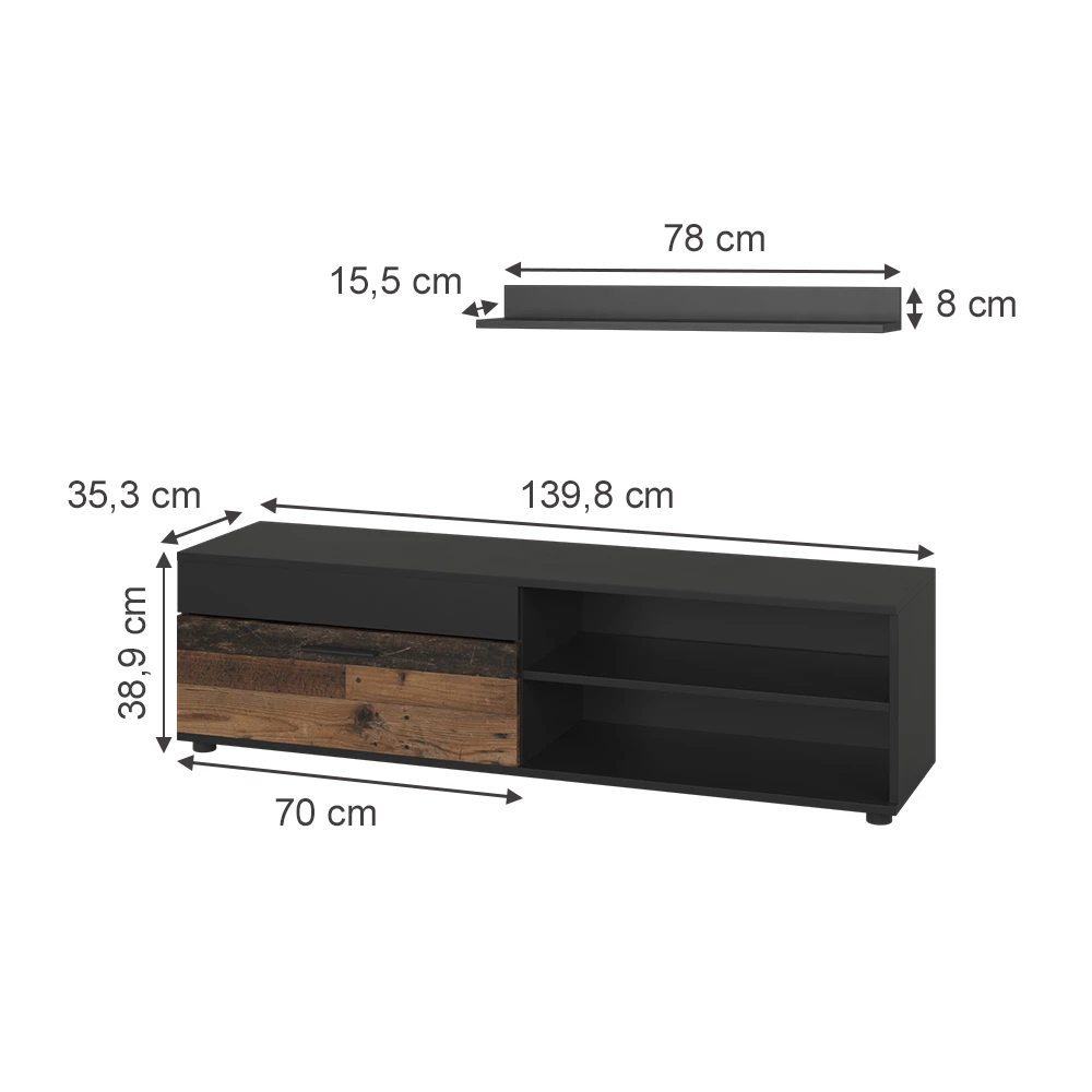 Vicco Lowboard & Regal Schwarz/Oldstyle mit 1 Klappe, Berno