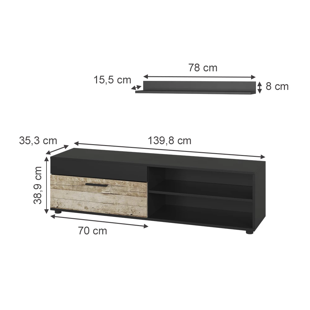 Vicco Lowboard & Regal Schwarz/Sandeiche mit 1 Klappe, Berno