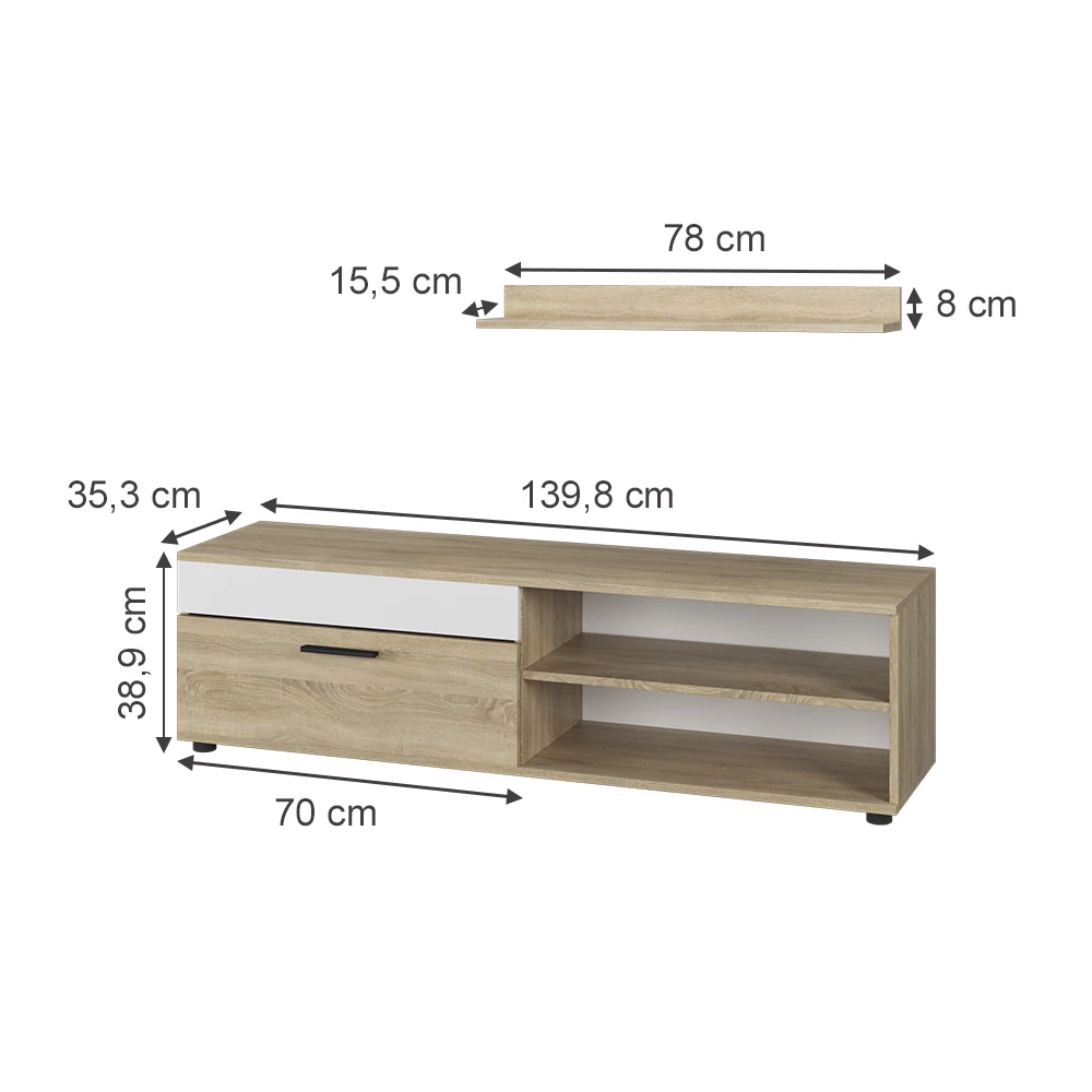 Vicco Lowboard & Regal Sonoma/Weiß mit 1 Klappe, Berno