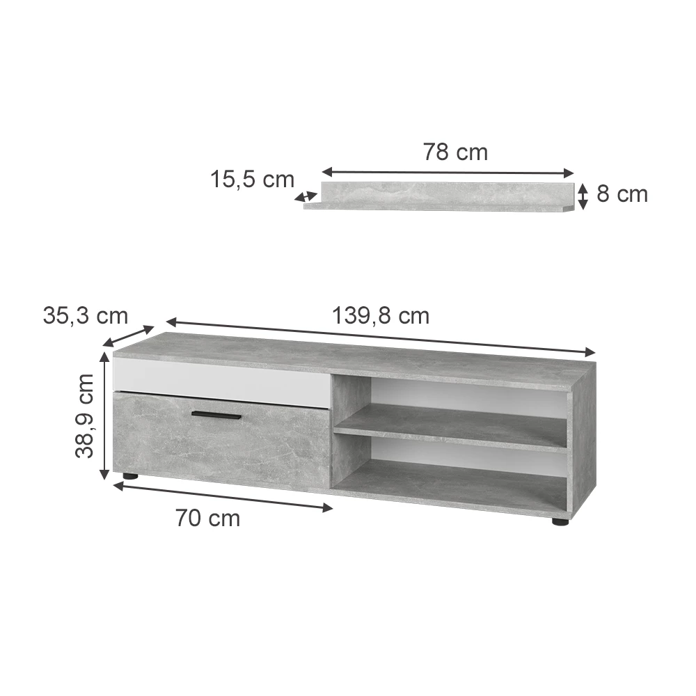 Vicco Lowboard & Regal Beton/Weiß mit 1 Klappe, Berno