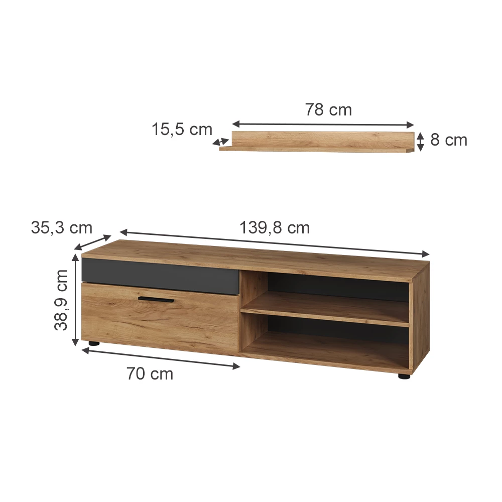 Vicco Lowboard & Regal Goldkraft Eiche/Anthrazit mit 1 Klappe, Berno