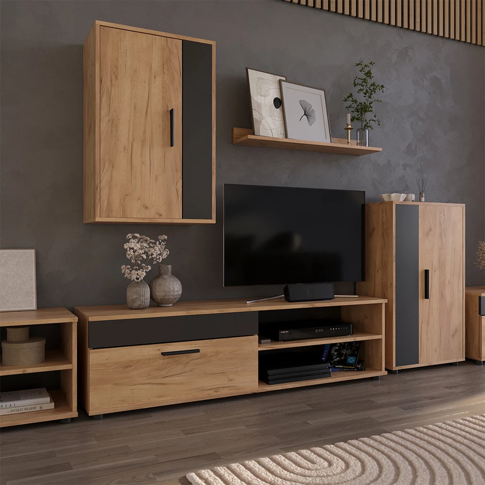 Lowboard & Regal in Goldkraft Eiche/Anthrazit auf weißem Hintergrund