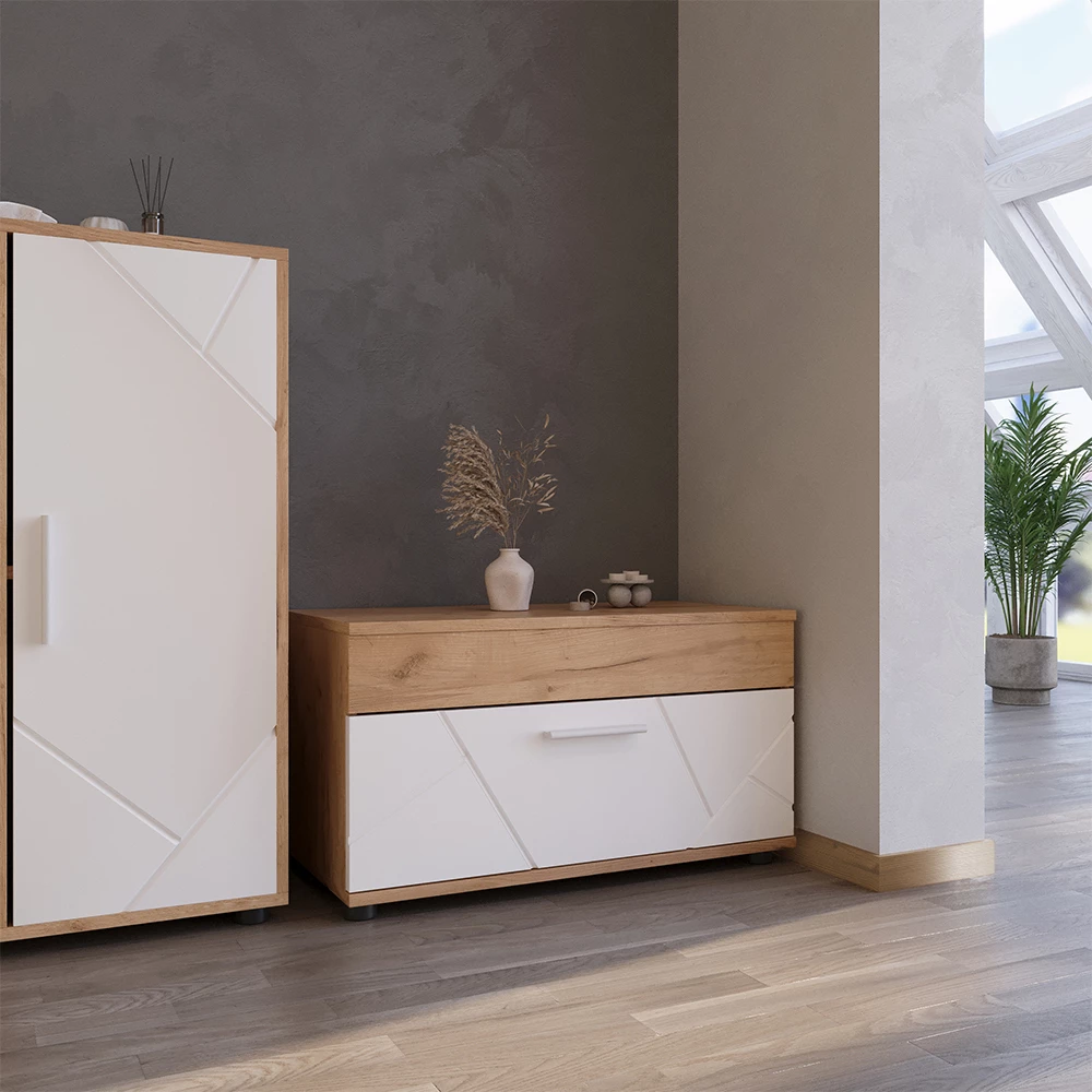 Wohnzimmerschrank in Goldkraft Eiche/Weiß auf weißem Hintergrund