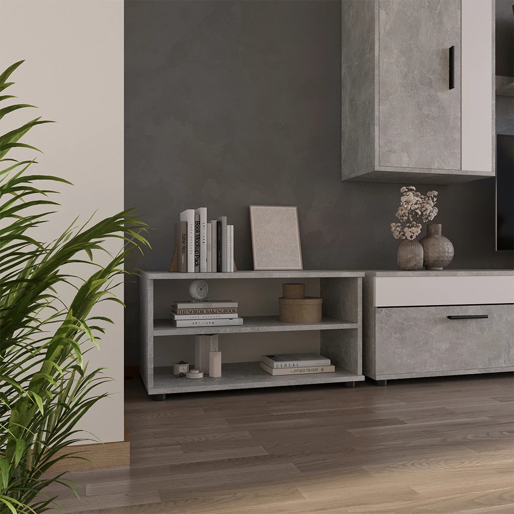Wohnzimmerschrank in Beton auf weißem Hintergrund