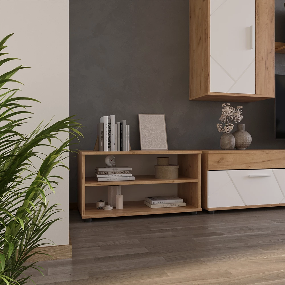 Wohnzimmerschrank in Goldkraft Eiche/Weiß auf weißem Hintergrund