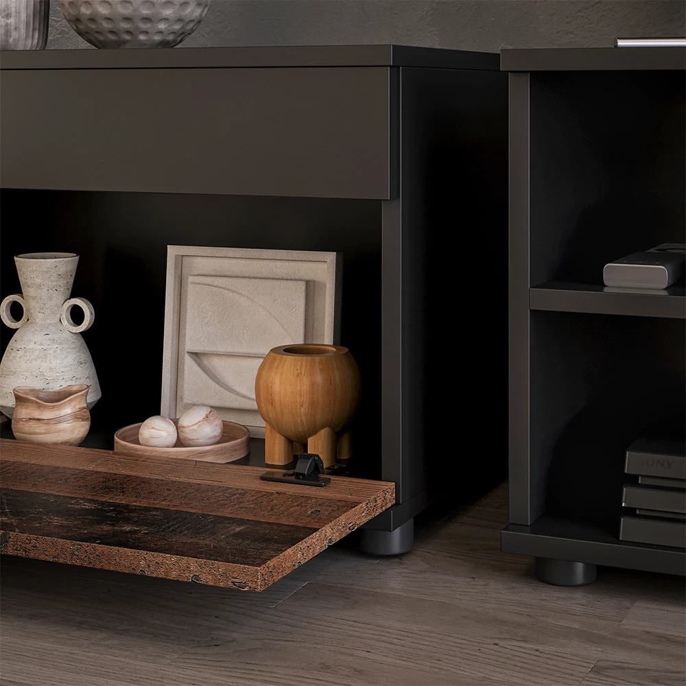 Close-up van Woonkamerkasten in Zwart/Aldstyle, met textuur/details
