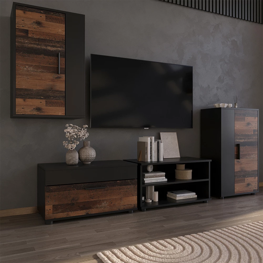 Woonkamerkasten in Zwart/Aldstyle, getoond in een sfeervolle omgeving met decoratie