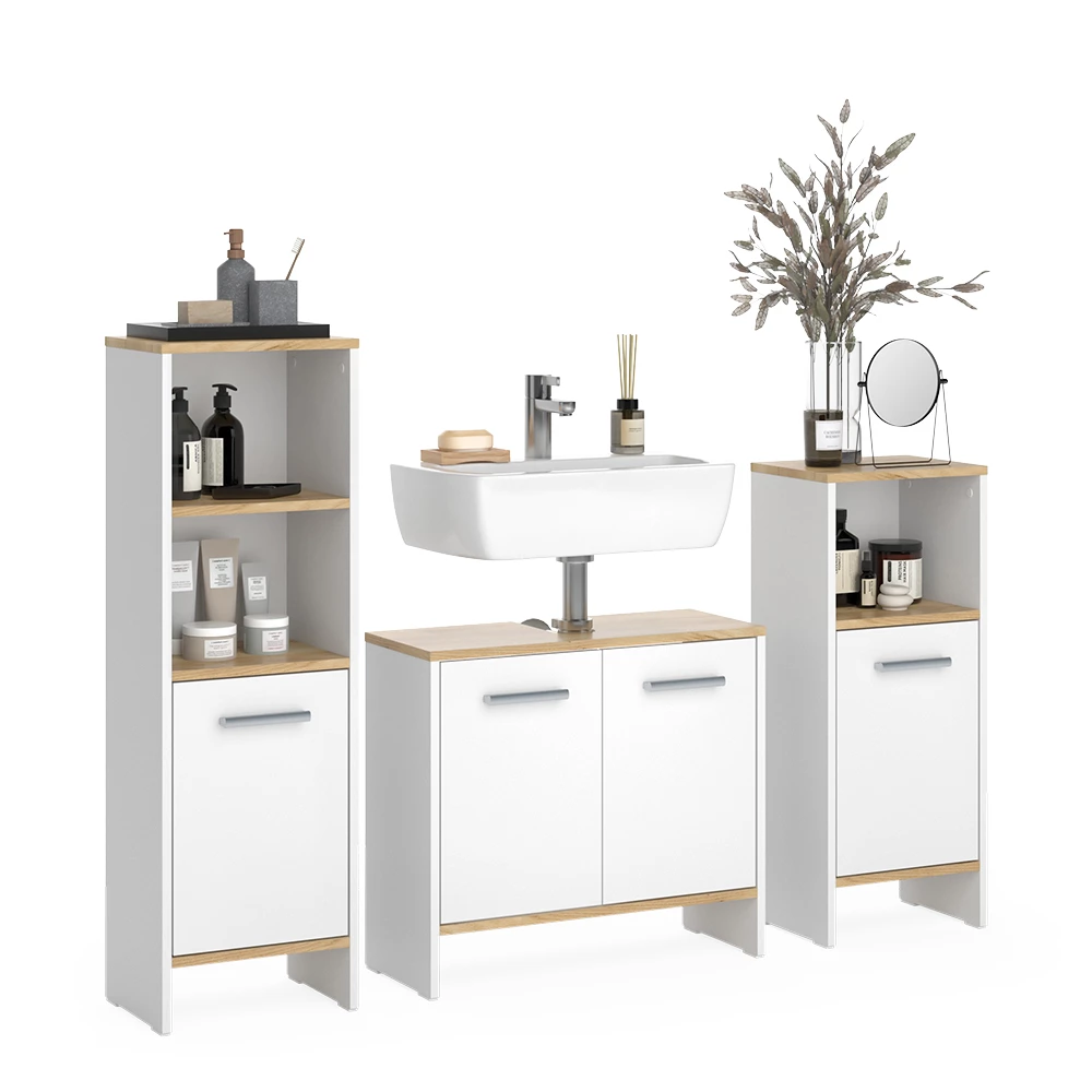 Vicco Badmöbel-Set Weiß/Goldkraft Eiche 3-teilig, Karli