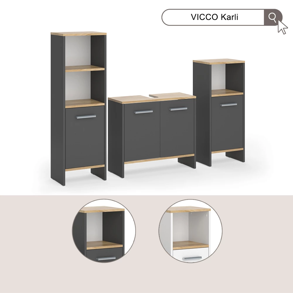 Vicco Badmöbel-Set Anthrazit/Goldkraft Eiche 3-teilig, Karli