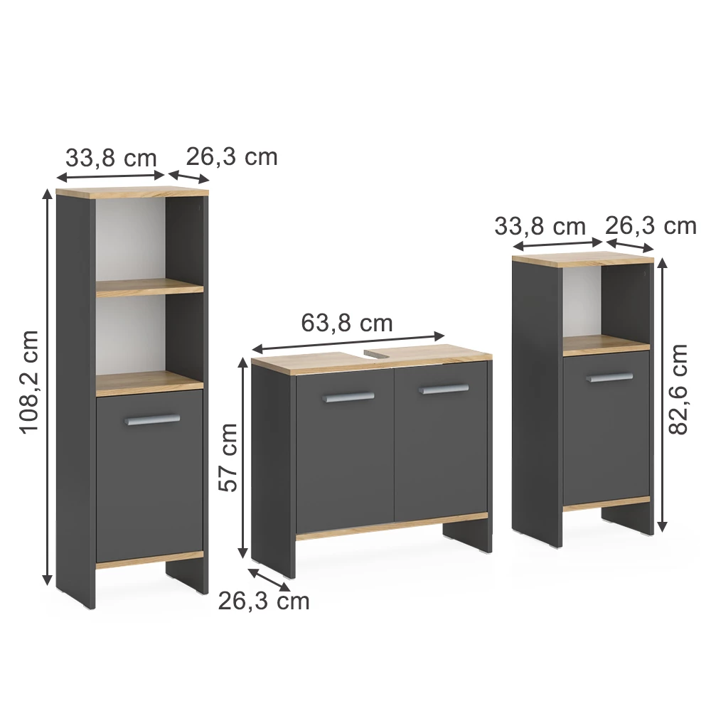 Vicco Badmöbel-Set Anthrazit/Goldkraft Eiche 3-teilig, Karli