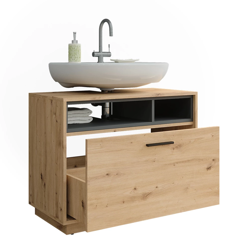 Vicco Wastafelonderbouw "Beatrice", Artisanaal eiken/antraciet, 100 x 84.5 cm met lade