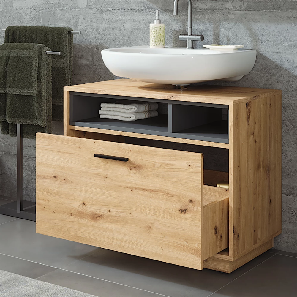 Vicco Wastafelonderbouw "Beatrice", Artisanaal eiken/antraciet, 100 x 84.5 cm met lade