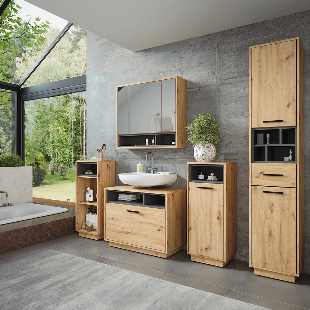 Vicco Wastafelonderbouw "Beatrice", Artisanaal eiken/antraciet, 100 x 84.5 cm met lade