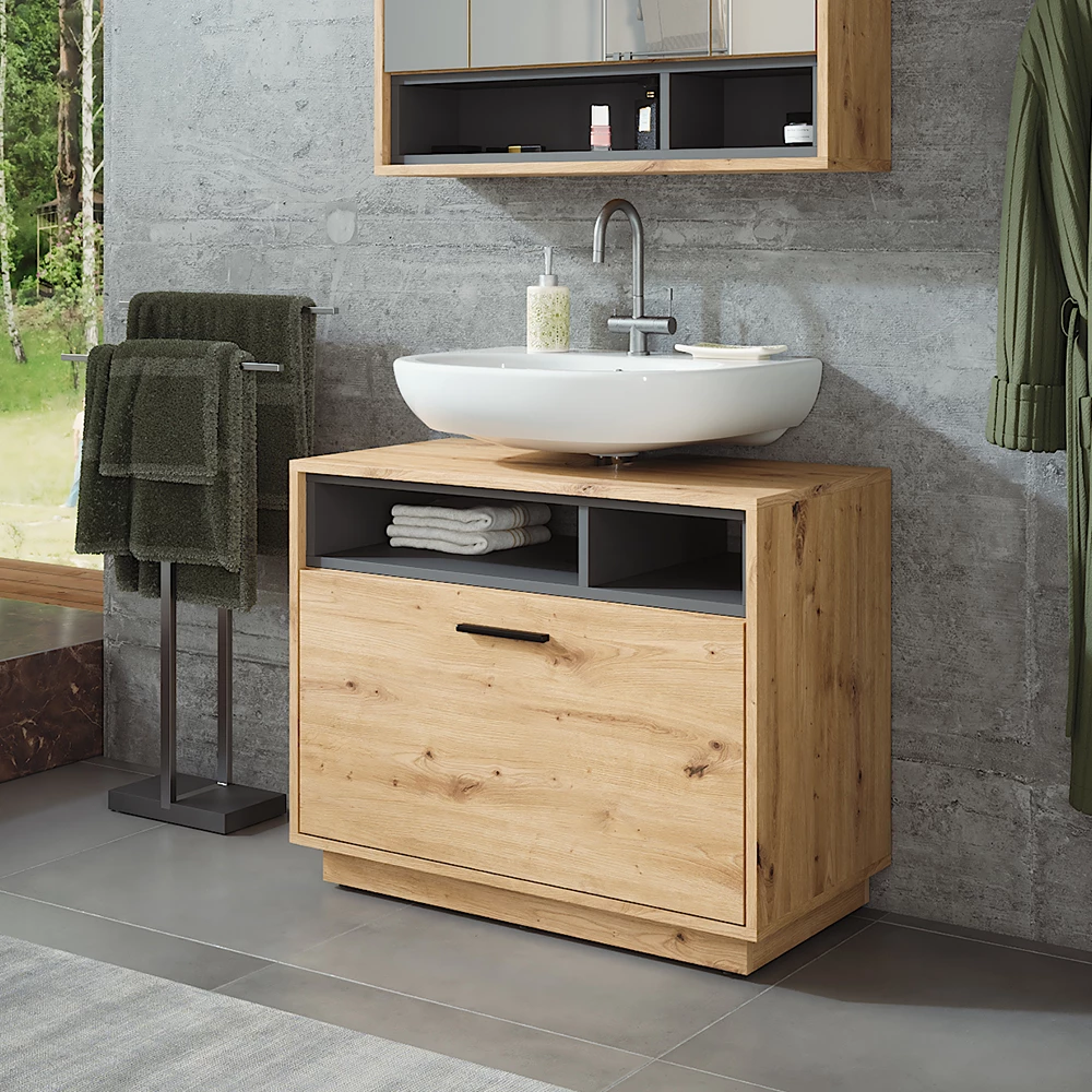 Vicco Wastafelonderbouw "Beatrice", Artisanaal eiken/antraciet, 100 x 84.5 cm met lade