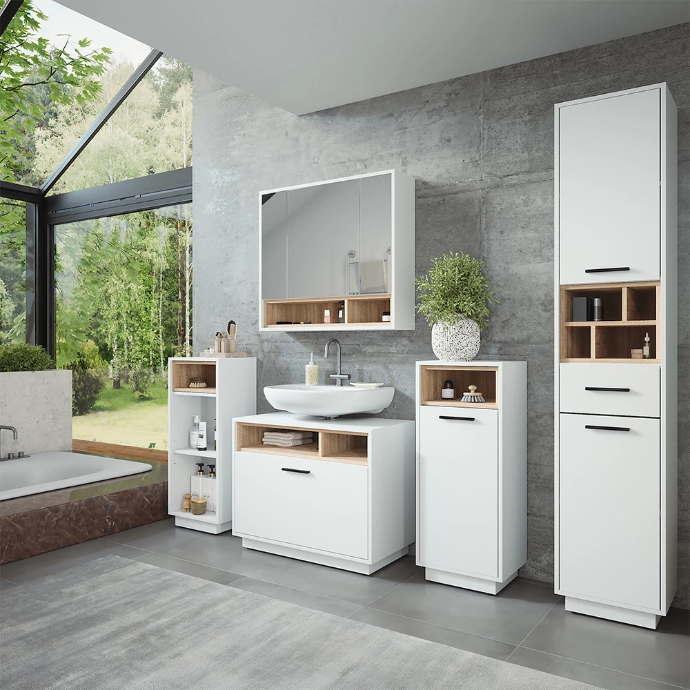 Vicco Set di mobili da bagno Bianco/Sonoma 3 parti con colonna, Beatrice