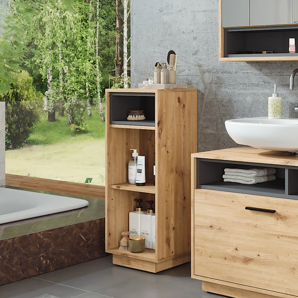 Vicco Midikast "Beatrice", Artisanaal eiken/antraciet, 38 x 93 cm met 3 compartimenten