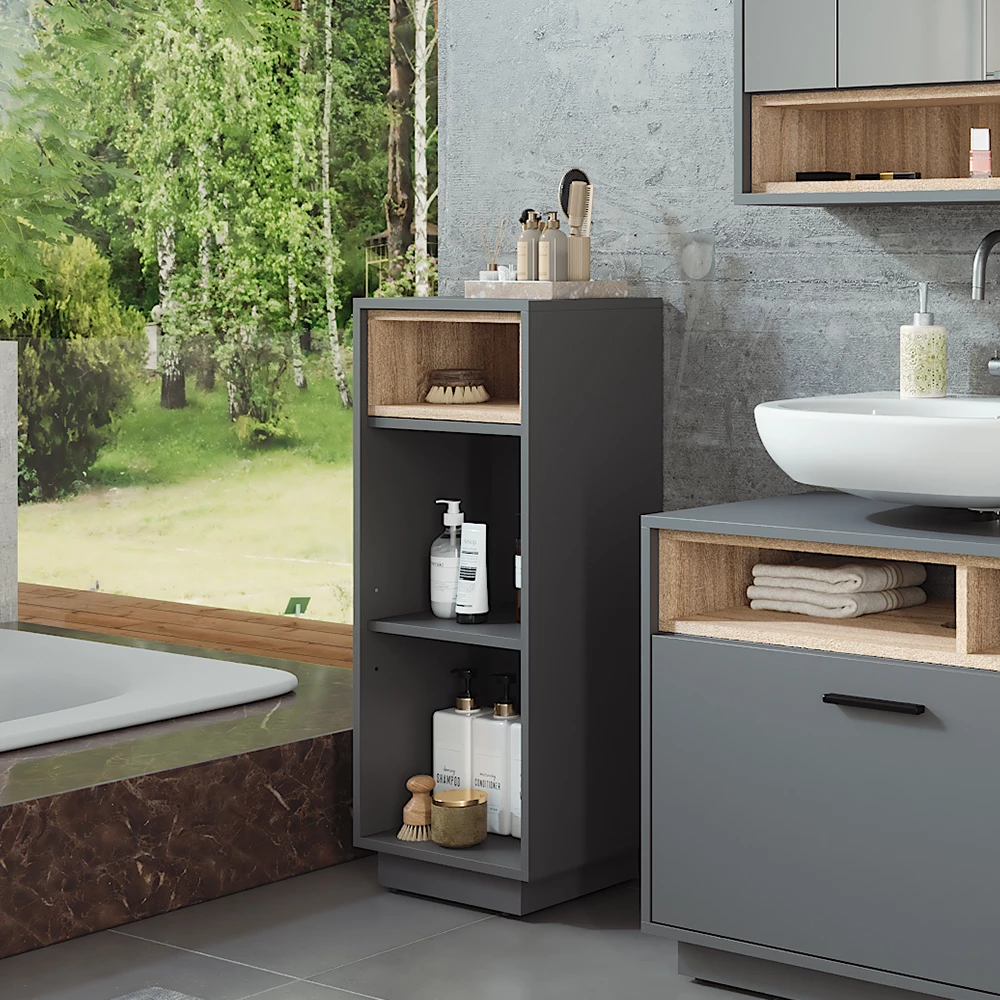 Vicco Tussenkast "Beatrice", Antraciet/Sonoma, 38 x 93 cm met 3 compartimenten