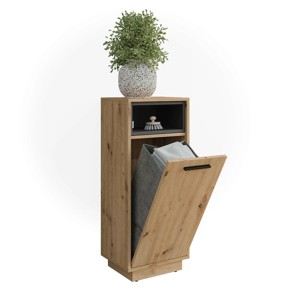 Wäscheschrank in Artisan Eiche/Anthrazit auf weißem Hintergrund mit dekorativen Elementen