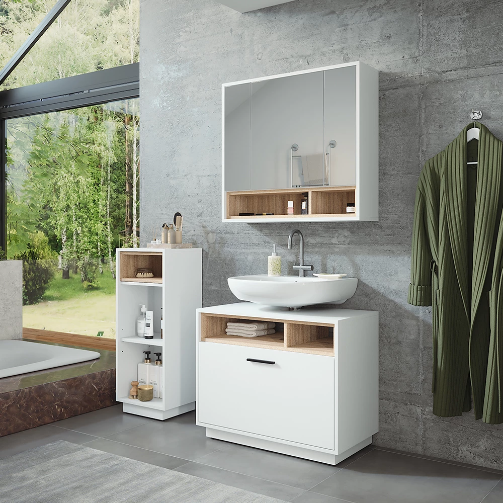 Vicco Badmöbel-Set Weiß/Sonoma 3 Teile mit Midischrank, Beatrice