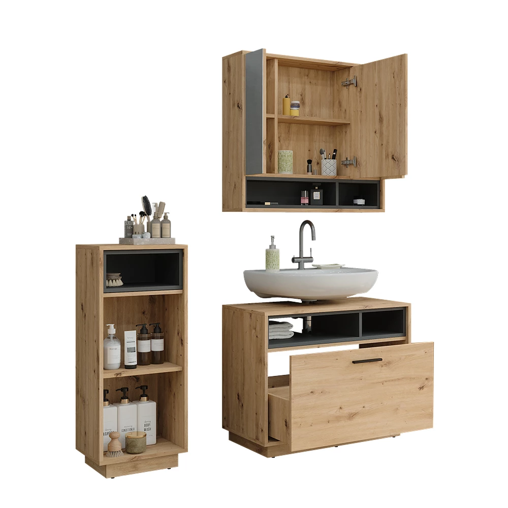 Vicco Badkamermeubelset Artisanaal eiken/antraciet 3 stuks met midi-eenheid, Beatrice