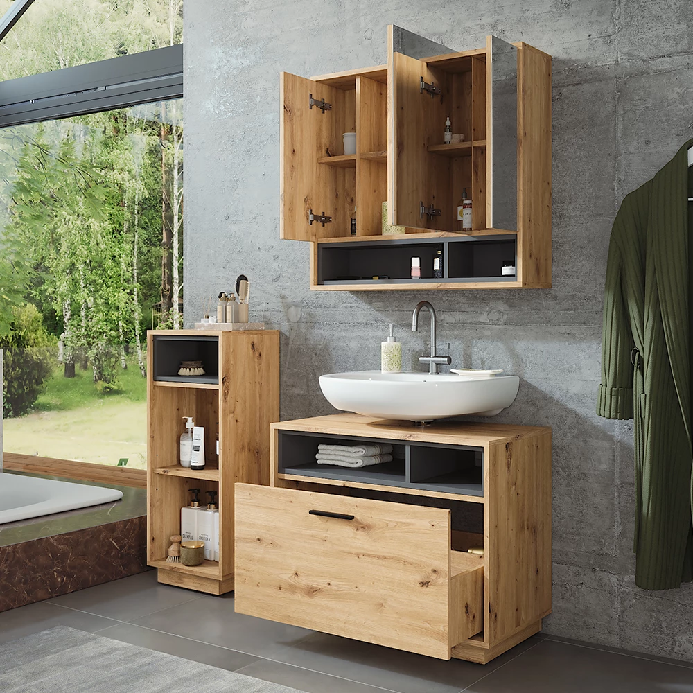 Vicco Badkamermeubelset Artisanaal eiken/antraciet 3 stuks met midi-eenheid, Beatrice