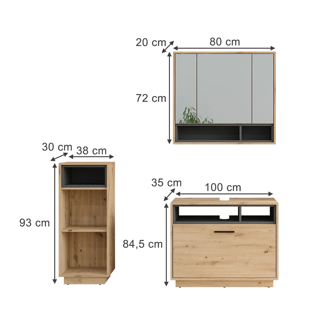 Vicco Badkamermeubelset Artisanaal eiken/antraciet 3 stuks met midi-eenheid, Beatrice