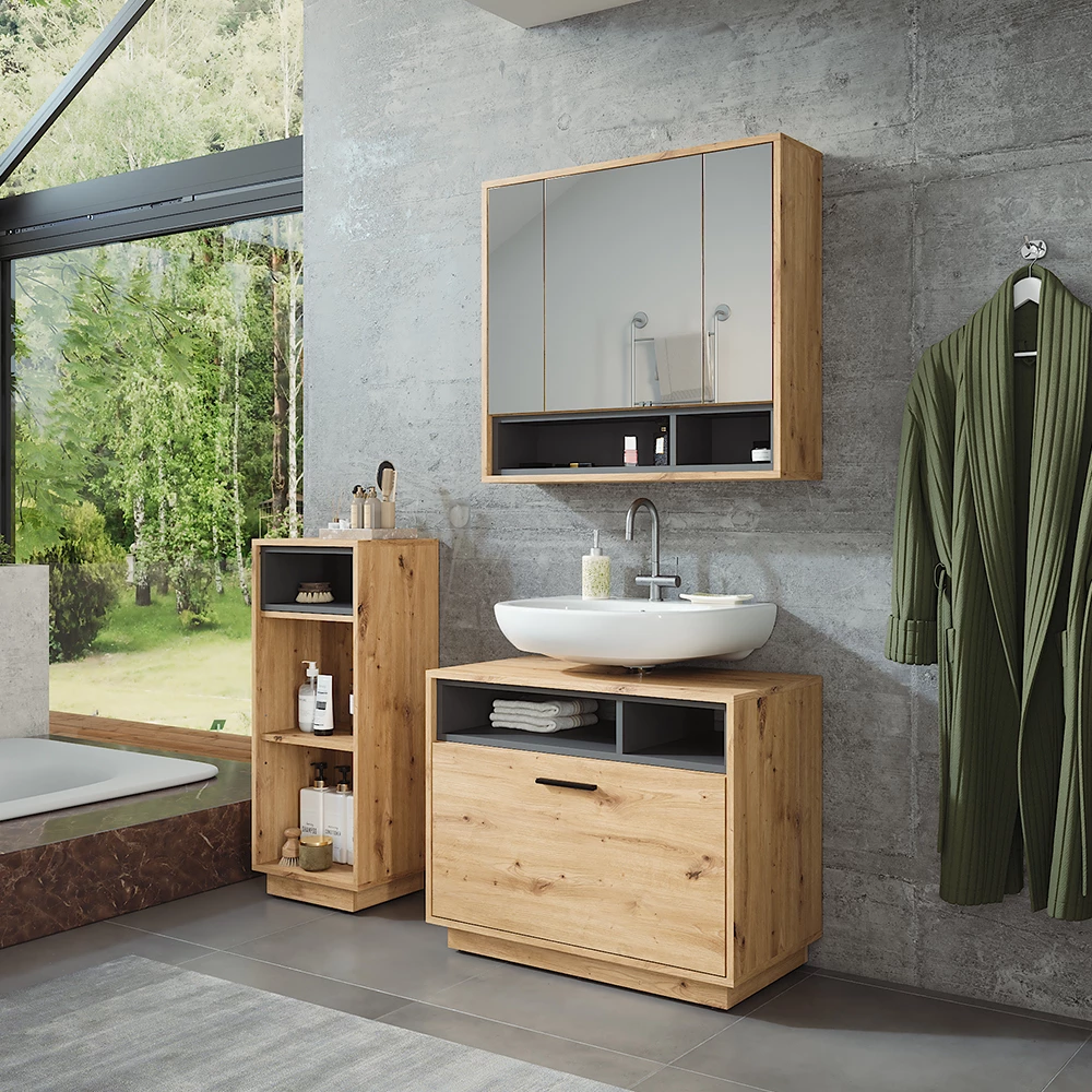 Vicco Badkamermeubelset Artisanaal eiken/antraciet 3 stuks met midi-eenheid, Beatrice