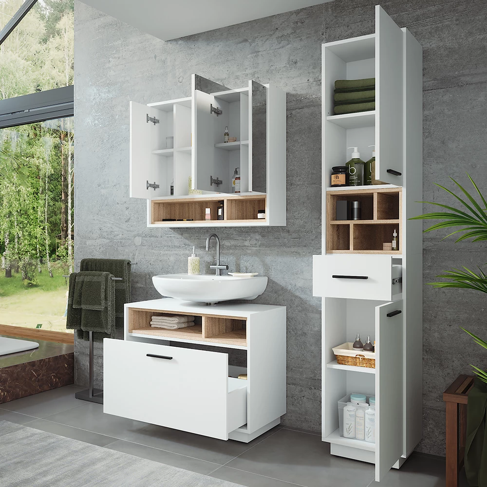 Vicco Set di mobili da bagno Bianco/Sonoma 3 parti con colonna, Beatrice