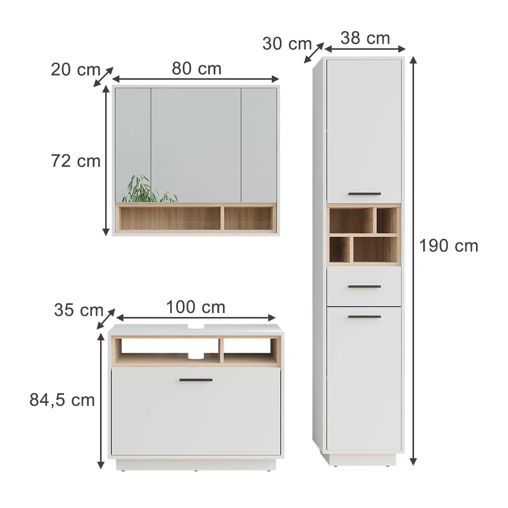 Vicco Set di mobili da bagno Bianco/Sonoma 3 parti con colonna, Beatrice