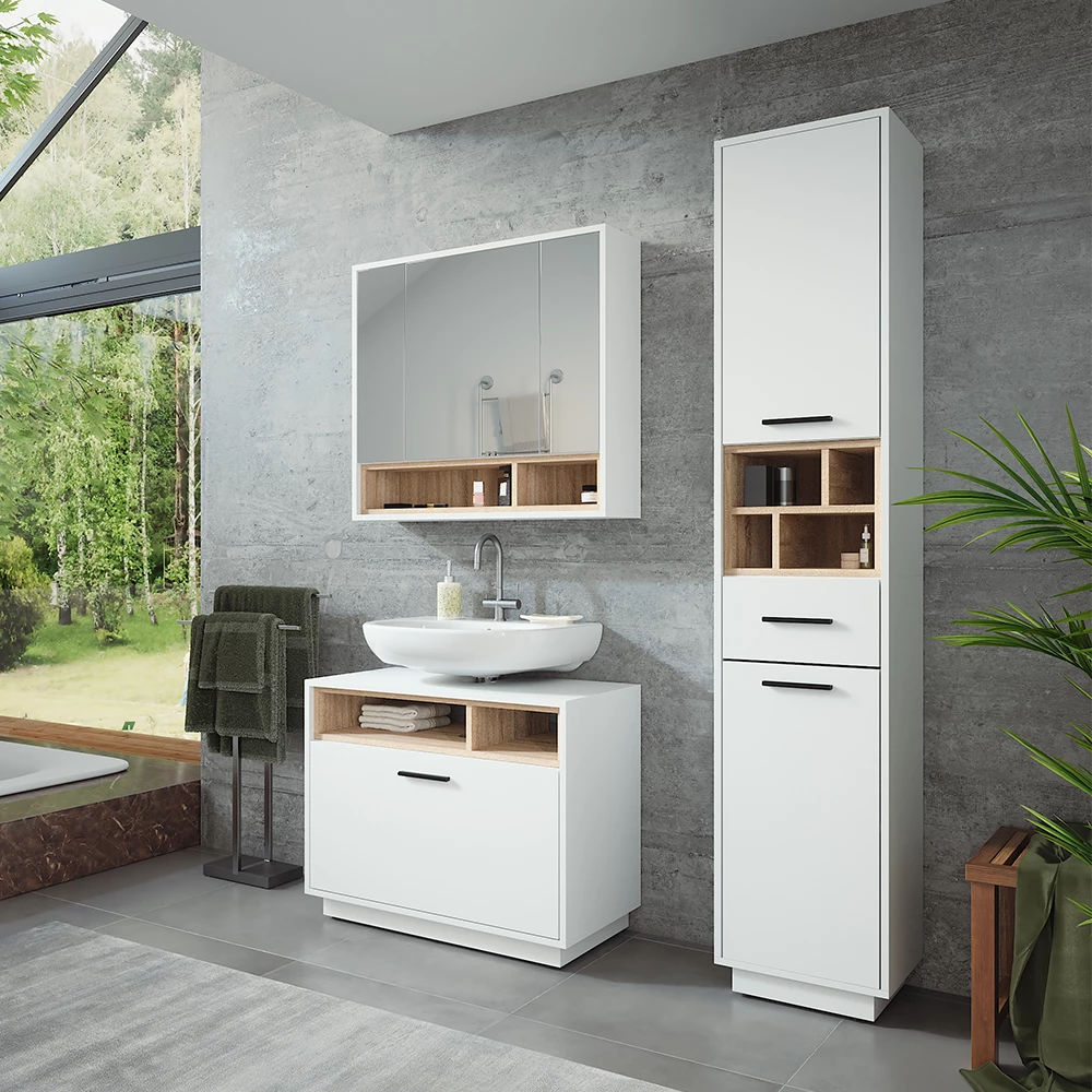 Vicco Set di mobili da bagno Bianco/Sonoma 3 parti con colonna, Beatrice