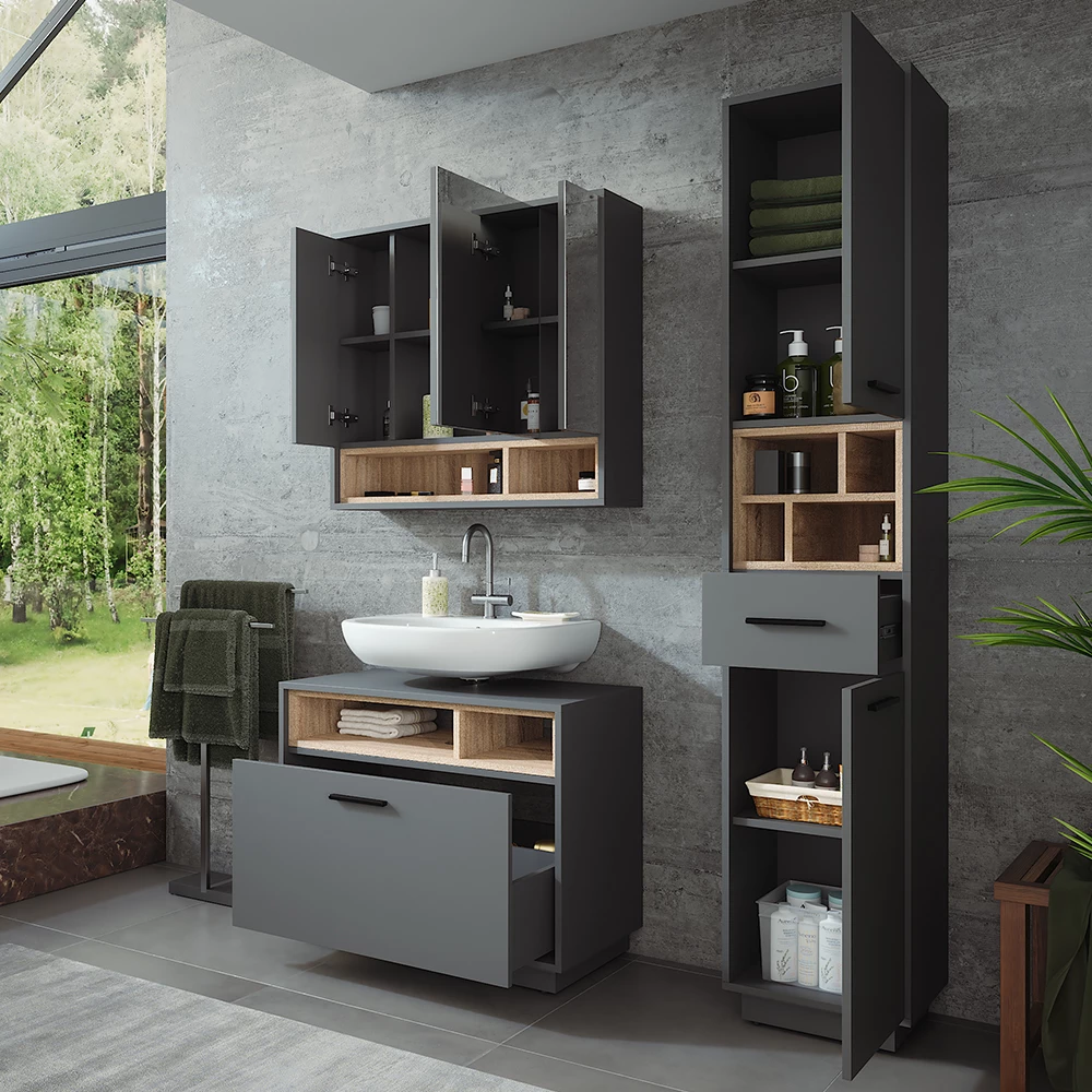 Vicco Badmöbel-Set Anthrazit/Sonoma 3 Teile mit Hochschrank, Beatrice