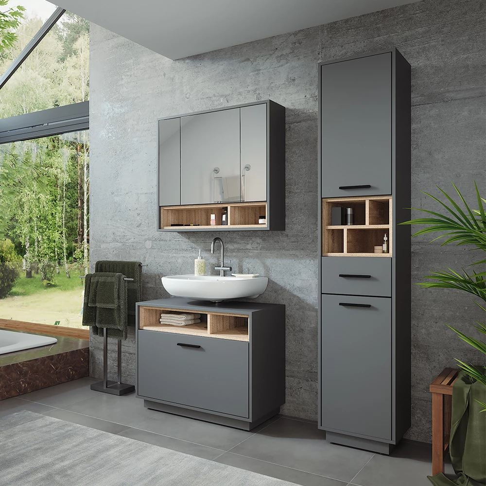 Vicco Badmöbel-Set Anthrazit/Sonoma 3 Teile mit Hochschrank, Beatrice